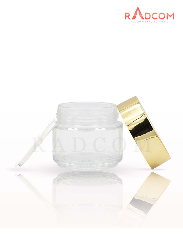 100GM Clear Glass Jar with Shinny Gold Cap with Lid & Wad